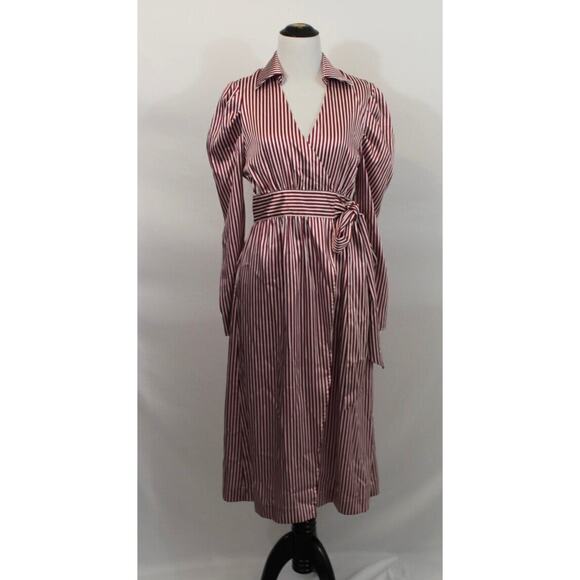 MISHA COLLECTION Sz 4 US Plum Stripe Satin Long Slv Puff Shoulder Wrap Dress NWT - Picture 1 of 7